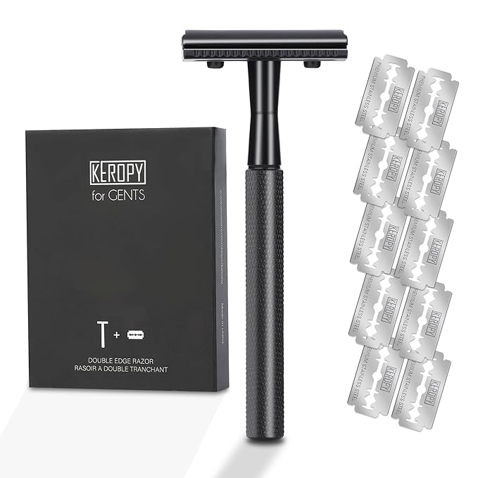Double Edge Safety Razor With 10 Premium Stainless Steel Blade Reusable Safety Razors For Men Shaving Razor, Smooth Wet Shave Experience, Gun Black