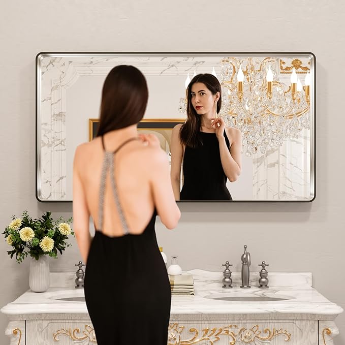 LOAAO 55X30 Inch Brushed Nickel Bathroom Mirror, Rounded Rectangle Silver Metal Frame Mirror, Brushed Nickel, Anti-Rust, Shatter Proof, Hangs Horizontally or Vertically