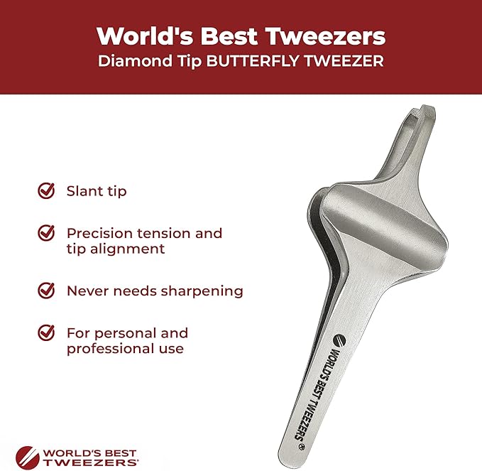 World's Best Tweezers Diamond Butterfly Tweezers - Wide Grip Slant Tip Precision Tweezers for Eyebrow, Facial & Ingrown Hair Removal - Perfectly Aligned Tool for Women&Men - Silver Stainless Steel