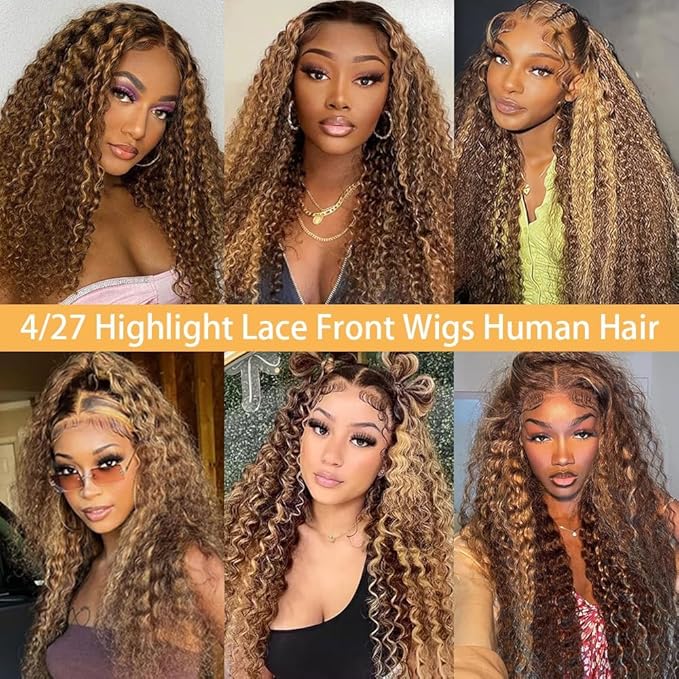Honey Blonde Deep Wave Lace Front Wigs Human Hair Highlight Ombre 13x6 HD Transparent Lace Frontal Wig Pre Plucked with Baby Hair 180% Density 4/27 Colored Deep Curly Wigs for Women 30 Inch