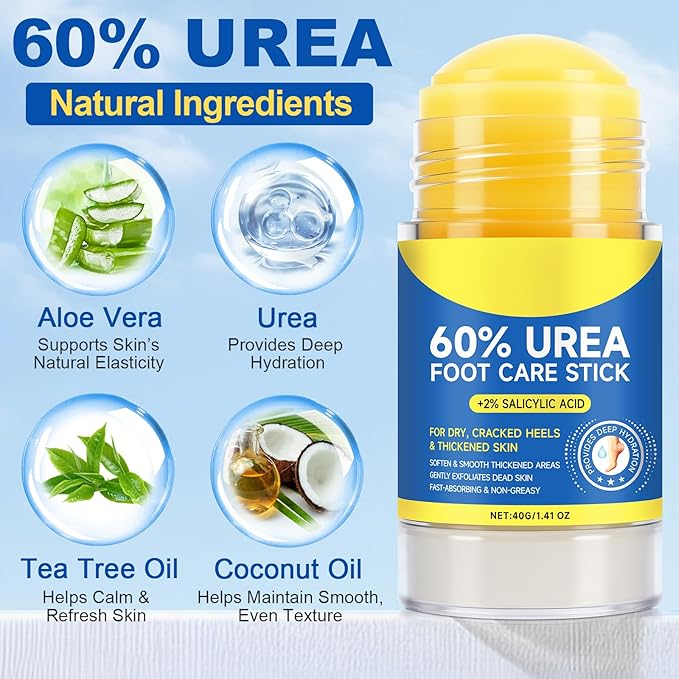 Urea Cream 60% Hydrating Foot Care Stick, 1.41 Fl Oz Foot Cream Moisturizer for Dry Cracked Feet & Hands, Feet Lotion Fast Repairs Rough Heels, Callus Remover