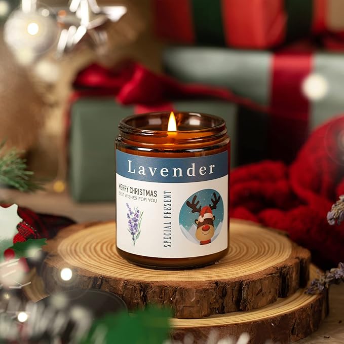 4-Pack Christmas Candles for Home Scented,7.1 oz Soy Wax Holiday Gifts Set with Festive Stickers - Kaki Persimmon, Lavender, Teakwood Tobacco, Bonfire Marshmallow for Home Decor, Aromatherapy