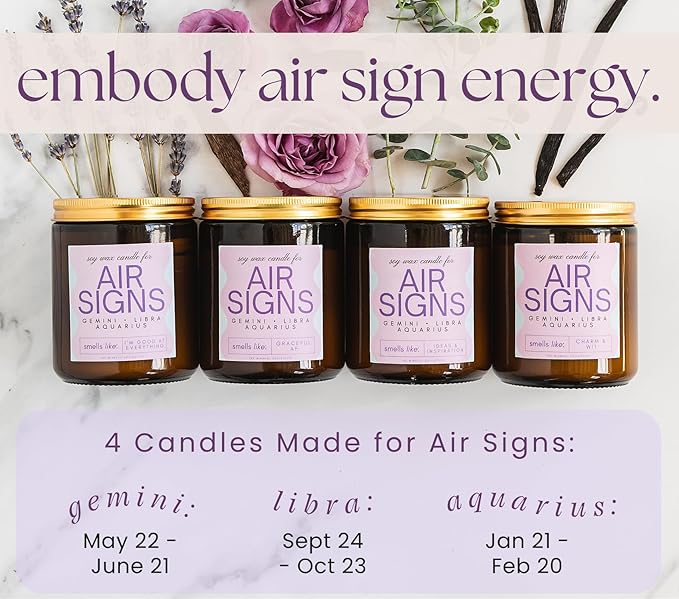 Aquarius, Gemini, Libra Gifts for Women - Wood Wick Candles, 4 Pack Small Candles Set for Women. 6oz Natural Soy Wax, Scented Aromatherapy Set for Home. Zodiac Astrology Birthday Spiritual Gifts