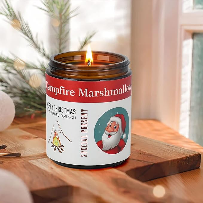 4-Pack Christmas Candles for Home Scented,7.1 oz Soy Wax Holiday Gifts Set with Festive Stickers - Kaki Persimmon, Lavender, Teakwood Tobacco, Bonfire Marshmallow for Home Decor, Aromatherapy