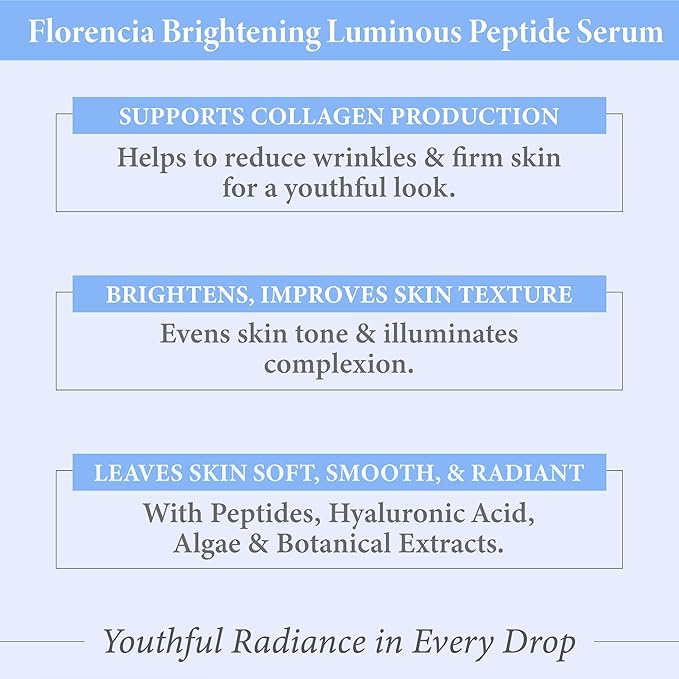 Florencia Brightening Luminous Peptide Serum - Age-Defying Face Serum with Peptides, Sodium Hyaluronate & Organic Botanicals – Helps to Reduce Wrinkles, Illuminate Complexion, 1 Oz