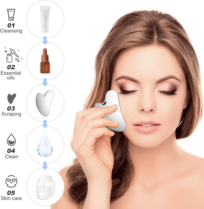 Gua Sha Facial Tools Guasha Tool Gua Sha Jade Stone for Face Skincare Facial Body Acupuncture Relieve Muscle Tensions Reduce Puffiness Festive Gifts (Matte Silver)