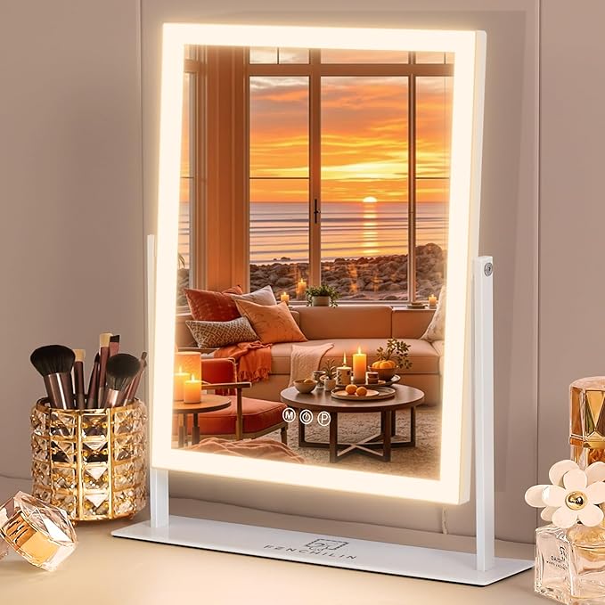 FENCHILIN Vanity Mirror with Lights 16.14" x 11.81",Lighted Makeup Mirror and Hollywood Mirror with Smart Touch Control 3 Colors Dimmable LED Light, 360°Rotation 10X Magnification(White)
