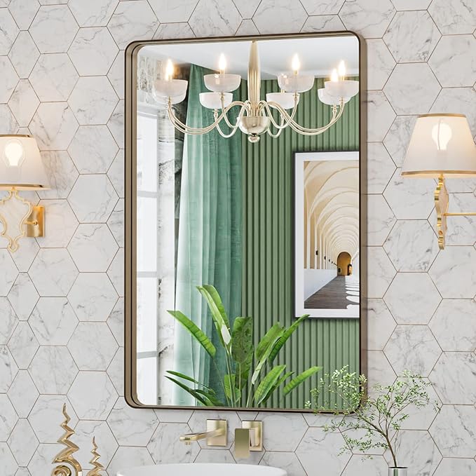 LOAAO 24”X32” Bronze Bathroom Mirrors for Vanity, Rounded Rectangle Brushed Bronze Metal Frame Mirror, Anti-Rust, Hangs Horizontally or Vertically