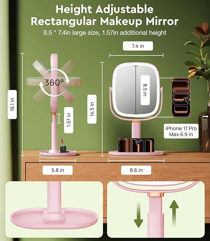 Height Adjustable Lighted Makeup Mirror with Lights and Magnification, 1X 20X Magnifying Mirror with Light 4000mAh Rechargeable, Tray Base and Phone Stand for Desk, Gifts for Women (Pink)