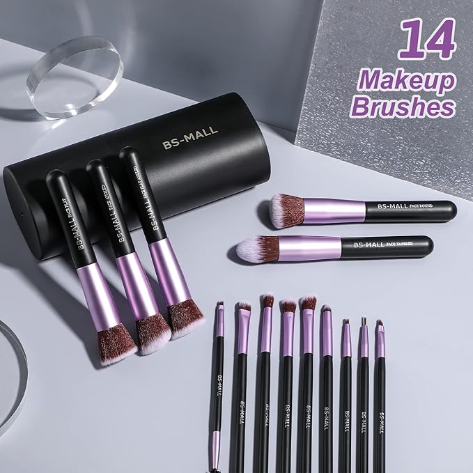 BS-MALL Makeup Brushes Premium Synthetic Foundation Powder Concealers Eye Shadows 14 Pcs Purple for Makeup Beginner or Professional with Travel Case