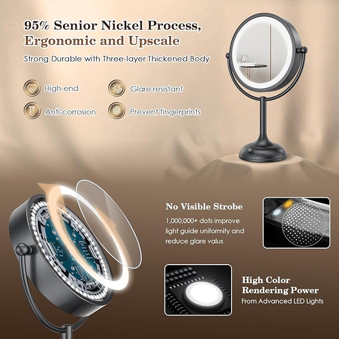 VESAUR Professional 8.5" Lighted Makeup Mirror, 1X/10X Double Sided HD Undistorted Magnifying Mirror with 3 Color 90 Dimmable LED lights, 360° Rotation Vanity Mirror, Unique Black Nickel with Gift Box
