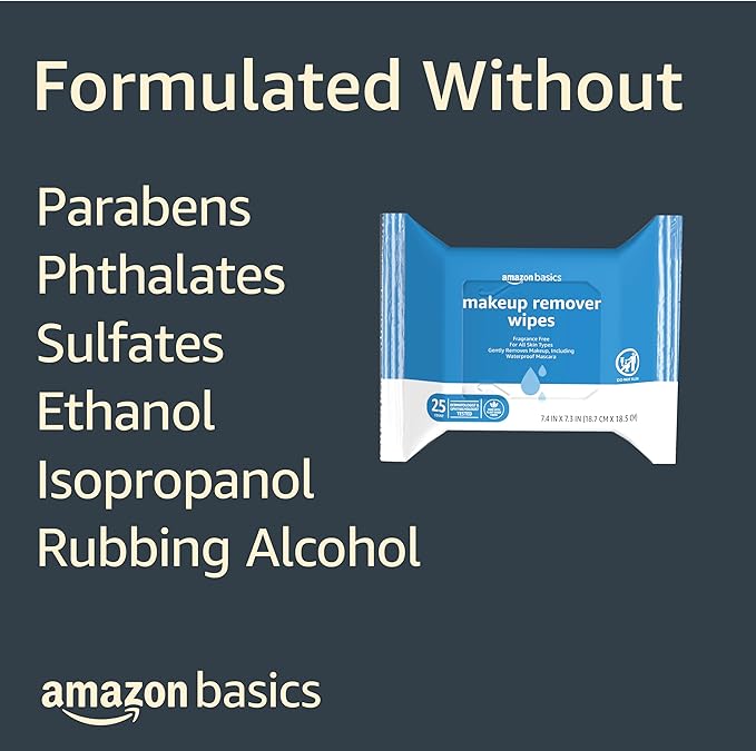 Amazon Basics Makeup Remover Wipes, Fragrance and Alcohol-Free, Gentle Cleansing, Removes Waterproof Mascara, Dermatologist Tested, 25 Count, Pack of 6