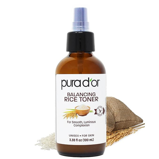 PURA D'OR 3.38 Oz Rice Water Balancing Facial Toner - Hydrating & Soothing Formula with Natural Extracts - Skin Texture Support for Radiant Skin - Alcohol-Free - Travel Size