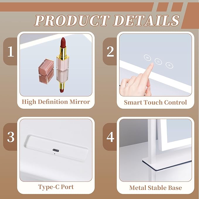 Lighted Makeup Mirror, Hollywood Vanity Mirror with Lights, Three Color Lighting Modes, and 5X Magnification Mirror, Smart Touch Control, 360°Rotation