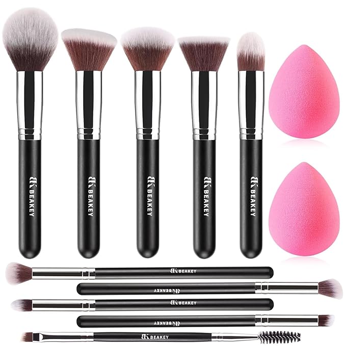 BEAKEY Makeup Brushes Set, Professional Foundation Eyeshadow Concealer Blush Powder Bronzer Applicator, 2 Blender Sponge with Beauty Paper Case stocking stuffers