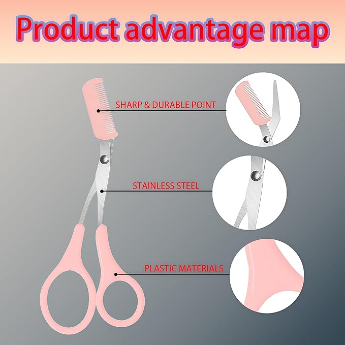 Eye brow Trimmer, 2 - in - 1 Eyebrow Trimming Set with Comb, Stainless Steel Professional Eyebrow Clipper, Eyebrow Grooming Tools for Women and Men, Beauty Accessory Tools (3 Pack) (Pink)