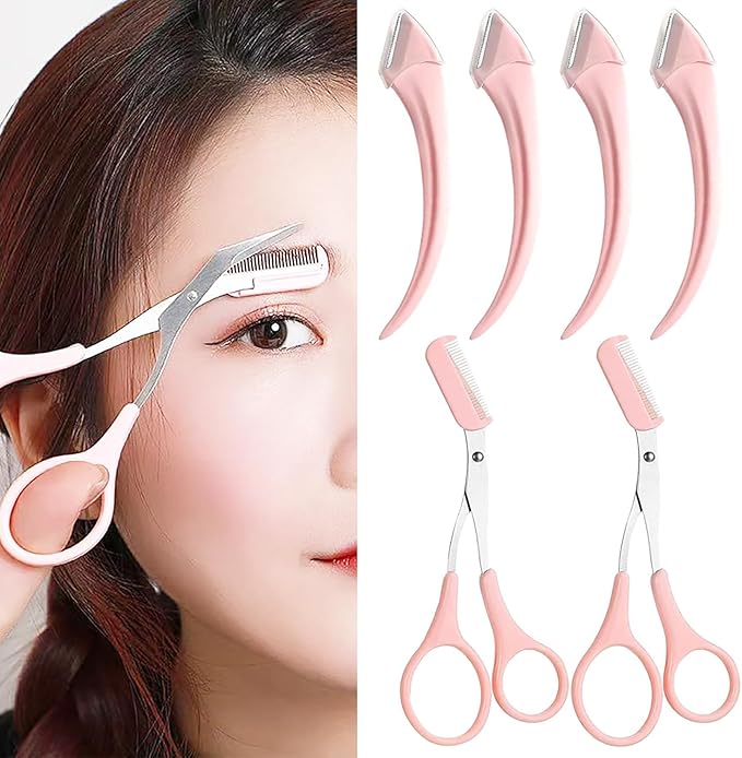 6Pcs Eyebrow Trimmer Set Stainless Steel Curved Eyebrow Razor Eyebrow Scissors With Comb Eyebrow Trimming Tools for Beginners Professional Facial Hair Removal Beauty Accessories for Girls and Women