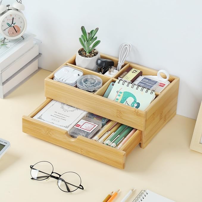 GOBAM Bamboo Makeup Organizers and Storage with Drawer - Wooden Cosmetic Organizer Countertop for Bathroom, Bedroom, Closet, Kitchen, Vanity & Dresser - Make up Vanity Station