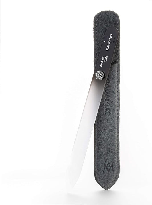 GERMANIKURE Glass Nail File in Suede Sleeve - Books and Coffee - Professional Crystal Nail File for Natural Nails - Ideal Manicure & Pedicure Tool for Smooth, Easy Shaping - Nail Care Gift