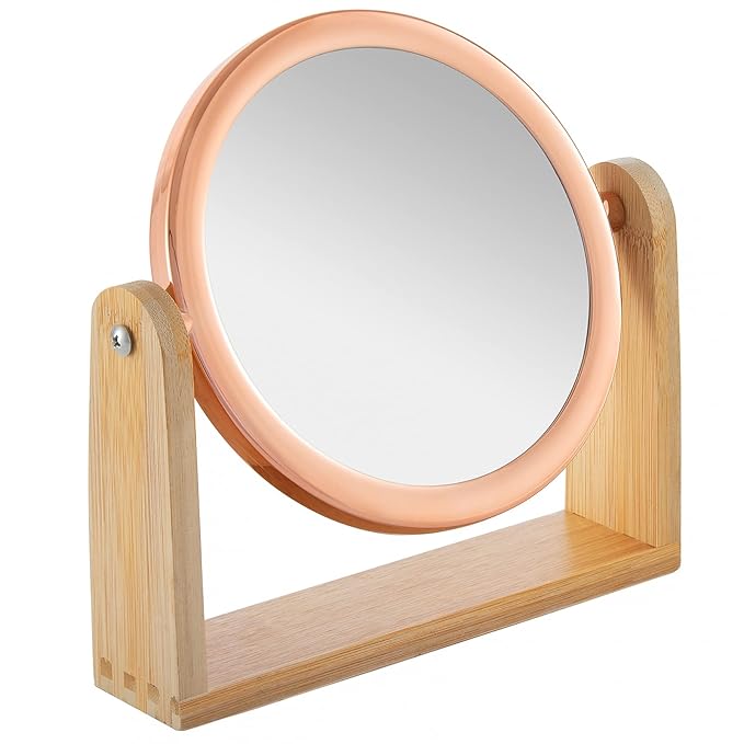 YEAKE Double Sided 10X Magnifying Makeup Mirror with Bamboo Stand,Small Desk Table Mirror with 360° Rotation,Standing Portable Cosmetic Mirror,Good for Shaving,Traveling(Rose Gold,Round)