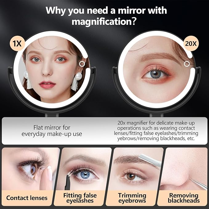 MIYADIVA Makeup Mirror with Lights,20X Magnifying Mirror with Light and Touch Switch,Vanity Mirror with 3 Color Light and 80 LEDs,2-Sided Lighted Magnified Mirrors 8.8 Inches, Black