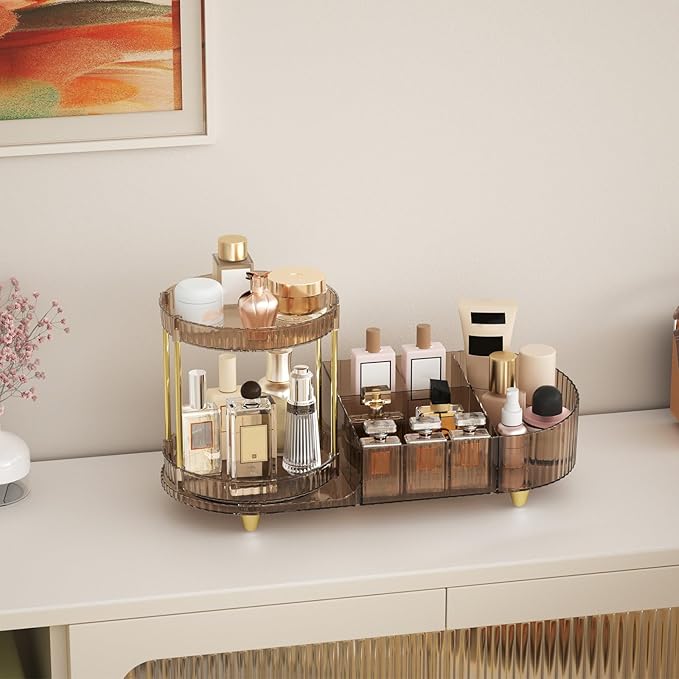 Makeup Organizer Countertop with 360 Rotating Perfume Trays, 7-Divider Vanity Skincare Organizers, Make Up Desk Organization and Storage with Cosmetic Brush Holder for Bedroom Bathroom Counter