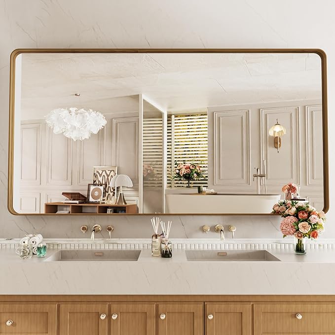 LOAAO 77X36 Inch Bathroom Mirror with Wood Grain Colored Metal Frame, Rounded Rectangle Metal Framed Bathroom Mirror, Anti-Rust, Hangs Horizontally or Vertically, Tempered Glass