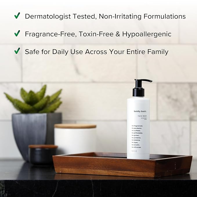 Boldly Basic Fragrance Free Face Wash - Gentle Facial Cleanser on Sensitive Skin - Unscented - Dermatologist Tested - No Sulfates, Parabens or Gluten - Non Comedogenic and Hypoallergenic