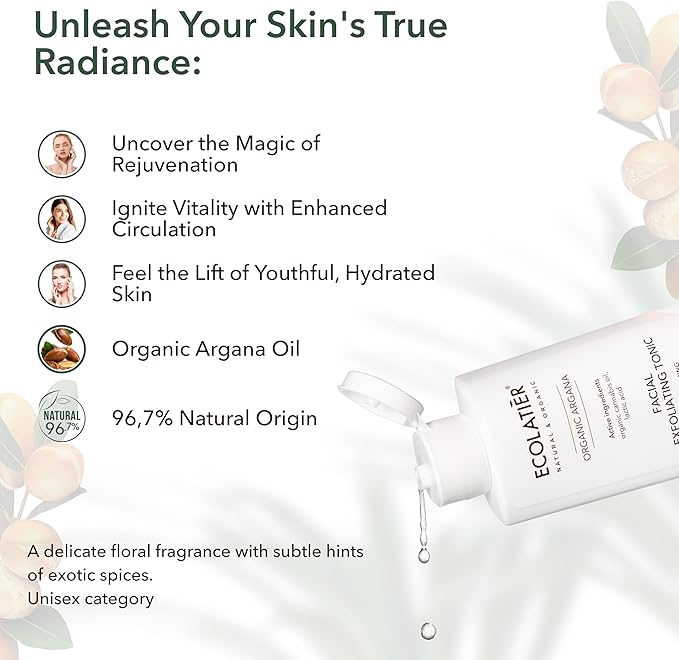 Facial Exfoliating Toner Revitalizing & Nourishing with Organic Argan Oil – Hydrating, Anti-Aging, Vegan, 98% Natural Ingredients for Women & Men - 5.1 Fl Oz / 150ml