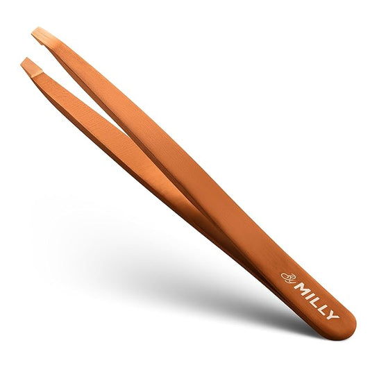 German Steel Professional Slanted Tweezers - Hammer Forged 100% Stainless Steel - Hand-Filed and Aligned Slant Tips for Precision - Rose Gold