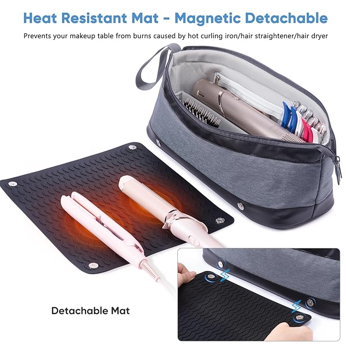2IN1 Hair Tools Travel Bag with Removable Heat Resistant Mat Curling Iron Travel Case, Hair Dryer Organizer for Flat Irons, Straighteners and Haircare Accessories, Hot Tools Travel Bag Hair