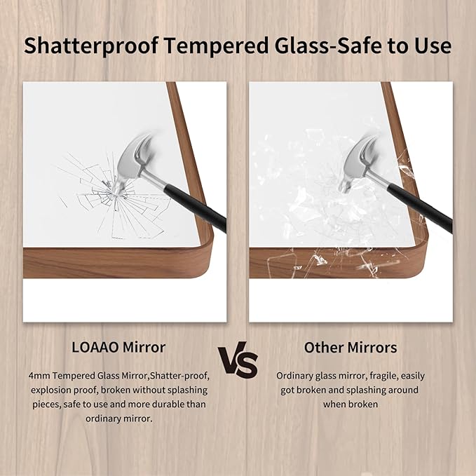 LOAAO 60X40 Inch Bathroom Mirror with Wood Grain Colored Metal Frame, Rounded Rectangle Metal Framed Bathroom Mirror, Anti-Rust, Hangs Horizontally or Vertically, Tempered Glass