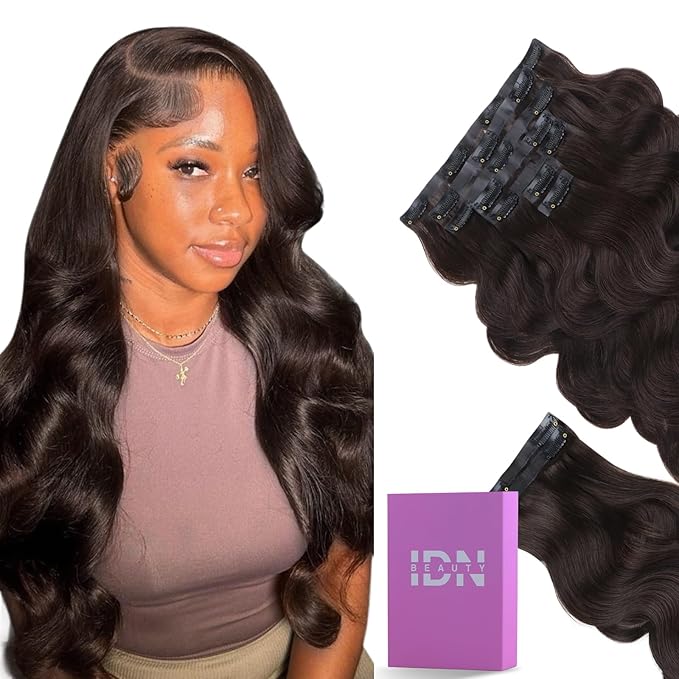 IDN BEAUTY Seamless Clip In Hair Extensions Human Hair 130g Dark Brown Real Remy Virgin Human Hair Seamless Clip Ins For Black Women PU Weft Invisible Edge Thick Soft BW 16 Inches 9Pcs