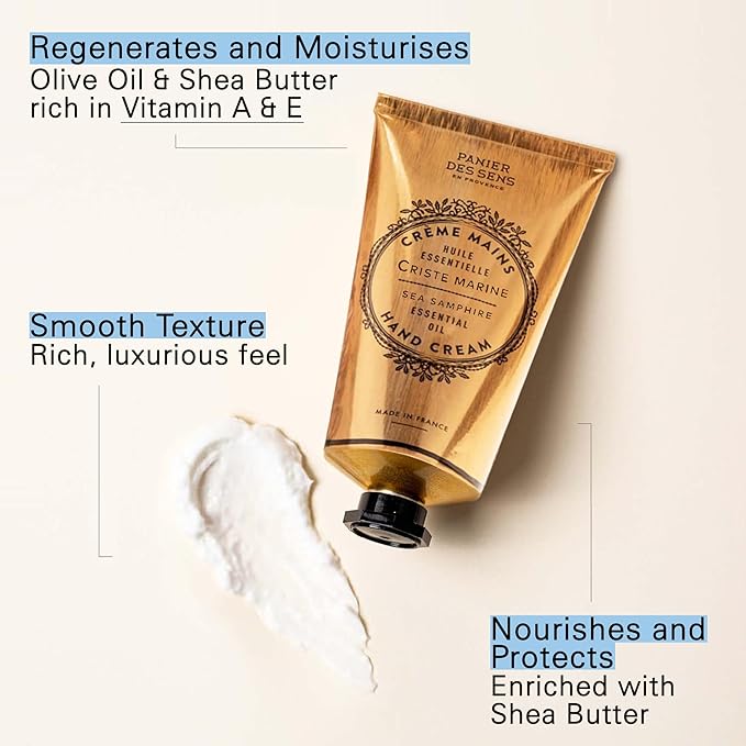 Panier des Sens - Hand Cream for Dry Cracked Hands - Sea Samphire Hand Lotion with Shea Butter & Olive Oil - Vitamin E Skin Moisturizer with 97% Natural Ingredients - Made in France, 2.5 fl oz