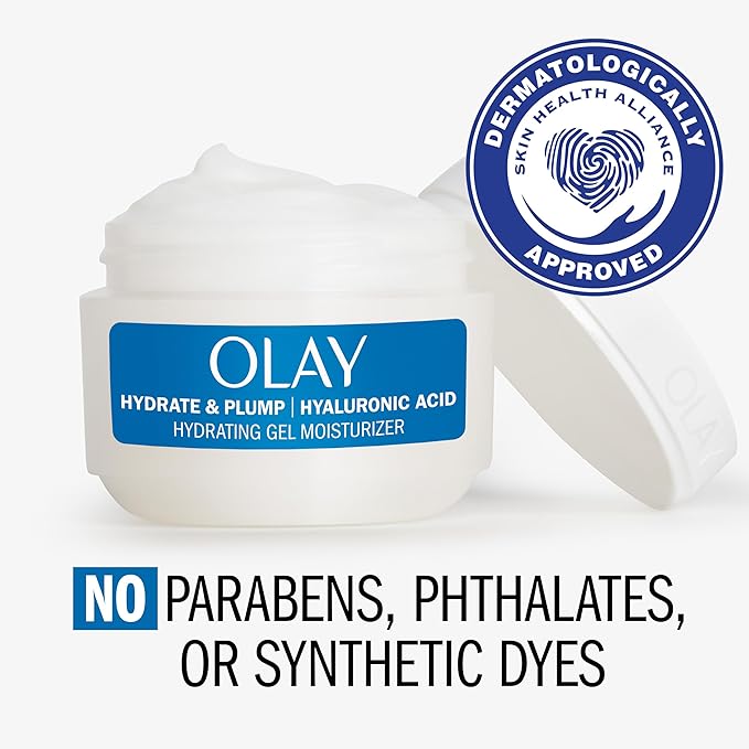 Olay Hylauronic Acid Face Mousturizer, Plump & Hydrate, Fragrance-Free - Hydrating Gel for Dry Skin Retain & Replenish Moisture, with Niacinamide - Recyclable Sustainable Eco Jar, Non-Greasy, 2 Oz