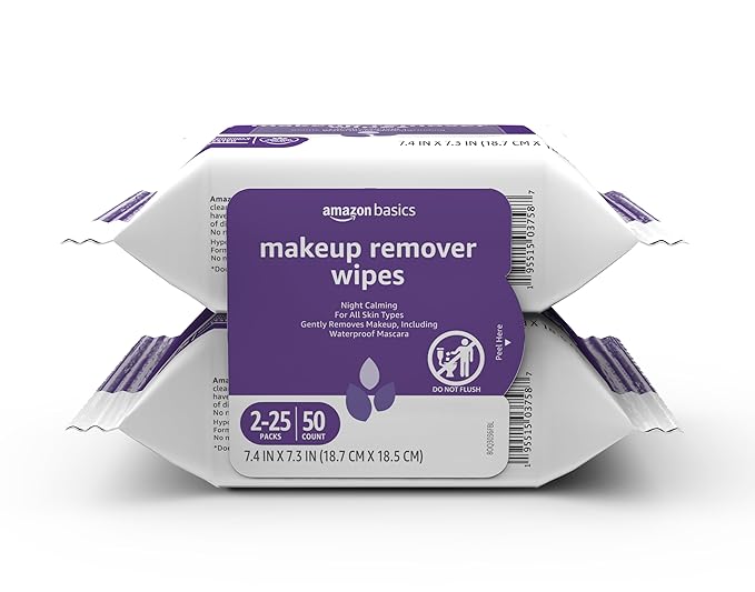 Amazon Basics Makeup Remover Wipes, Gentle Cleansing, Dermatologist Tested, Night Calming, Plant Based, Alcohol-Free, Removes Waterproof Mascara, 25 Count Per Pack, Pack of 2