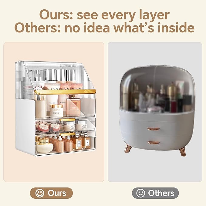 Makeup Organizer Countertop with Lid, Skincare Organizers for Vanity, 3 Tiers Clear Makeup Storage Cosmetic Display Cases Holder for Bedroom Bathroom Dresser Desk Countertop