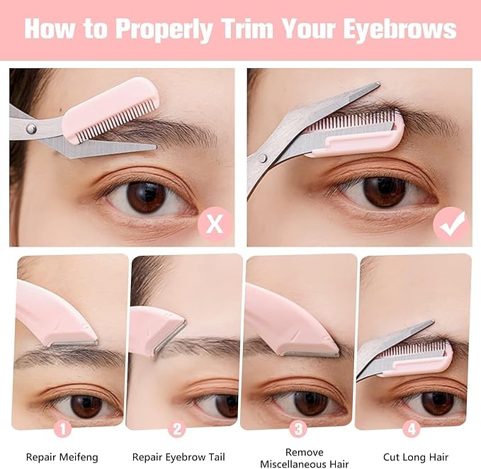 6 Pcs Eyebrow Trimmer Scissors with Comb, Curved Eye Brow Razor, Non-Slip Stainless Steel Facial Hair Removal Grooming, Brow Shaping Beard Shaving Kit Beauty Accessories for Women Men