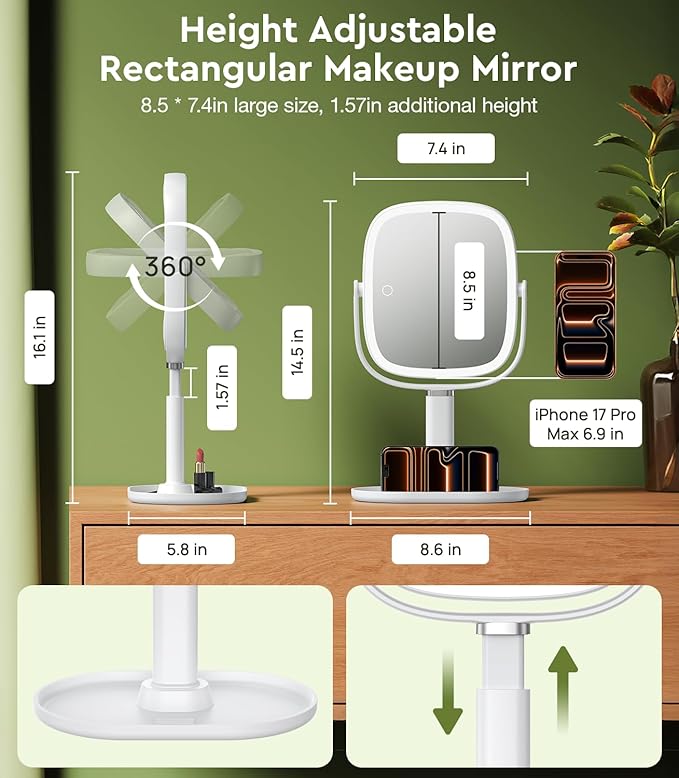 Height Adjustable Lighted Makeup Mirror with Lights and Magnification, 1X 20X Magnifying Mirror with Light 4000mAh Rechargeable, Tray Base and Phone Stand for Desk, Gifts for Women (White)
