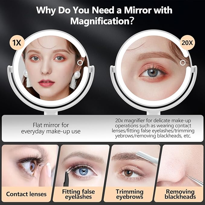 Makeup Mirror with Lights,20X Magnifying Mirror with Light and Touch Switch,Vanity Mirror with 3 Color Light and 80 LEDs,2-Sided Lighted Magnified Mirror 8.8 Inches