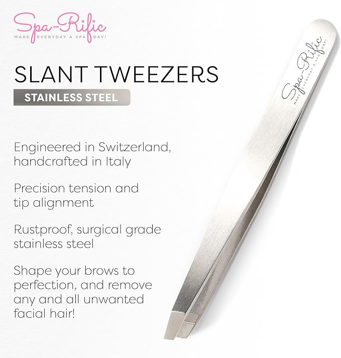 Spa-Rific Slant Tweezers - Handmade Precision Tool for Women & Men, 25 - Degree Angle for Shaping Eyebrows & Grooming Facial Countours, Eyebrow and Facial Hair Remover (Stainless Steel)
