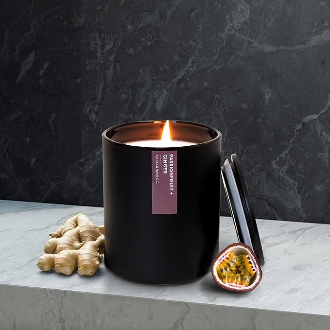 Calyan Wax Co. Passionfruit & Ginger Scented Candle - 75 Hour Burn - Luxury Non Toxic Soy Wax Candles - Long Lasting Black Tumbler Jar Candle for Home - 10.2oz