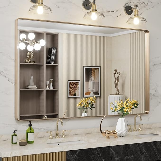 LOAAO 60”X36” Gold Bathroom Mirror, Rounded Rectangle Gold Frame Mirror, Brushed Gold Bathroom Vanity Mirror Wall-Mounted, Anti-Rust, Tempered Glass, Hangs Horizontally or Vertically