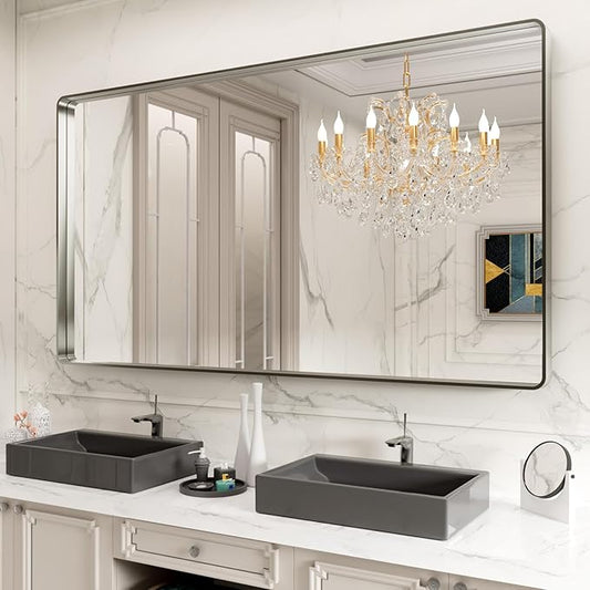 LOAAO 84X32 Inch Brushed Nickel Bathroom Mirror, Rounded Rectangle Silver Metal Frame Mirror, Brushed Nickel, Anti-Rust, Hangs Horizontally or Vertically