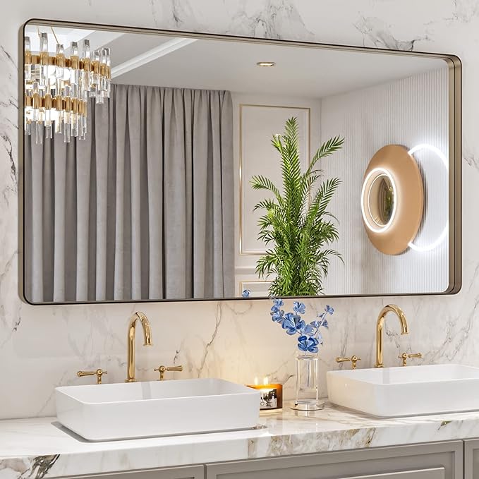 LOAAO 55”X30” Bronze Bathroom Mirrors for Vanity, Rounded Rectangle Brushed Bronze Metal Frame Mirror, Anti-Rust, Tempered Glass, Hangs Horizontally or Vertically