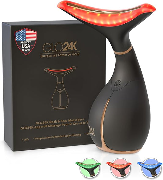 GLO24K Red Light for Face & Neck Beauty Device – Anti-Aging - 3 in 1 Facial Massager Tool and Neck Care Device for Turkey Neck, Anti Wrinkle, Face and Neck Massager for Women