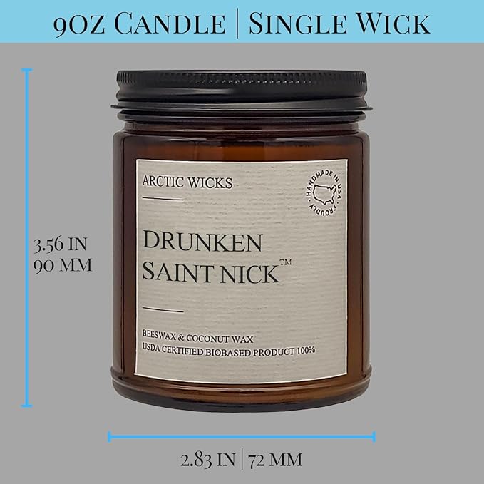 Arctic Wicks Scented Coconut Beeswax Candles | Coconut Beeswax Non Toxic Candle 9oz Amber | Farmhouse Candles Non-Toxic Clean Burn 100% USDA Certified Biobased (Drunken Saint Nick)