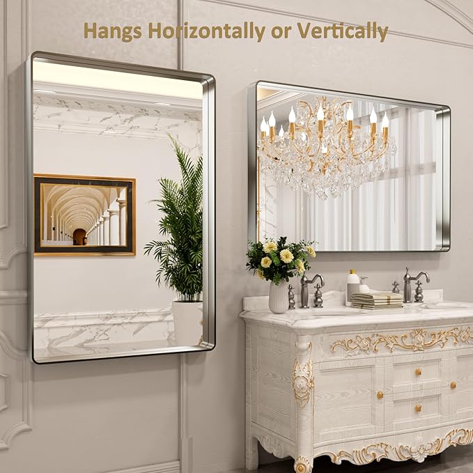 LOAAO 50X30 Inch Brushed Nickel Bathroom Mirror, Rounded Rectangle Silver Metal Frame Mirror, Brushed Nickel, Anti-Rust, Shatter Proof, Hangs Horizontally or Vertically