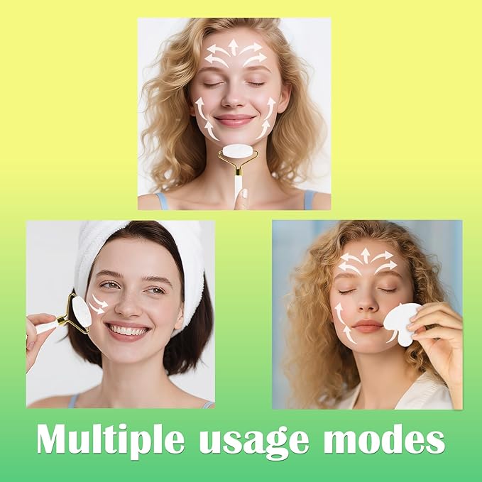 Natural Jade Roller & Gua Sha Set for Face, Facial Massager Tool for Skin Tightening, Anti-Aging, Puffiness Relief, Lymphatic Drainage - Spa Skincare Gift Set for Women (White)