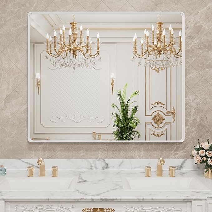 LOAAO 48x40 Inch White Metal Framed Bathroom Mirror for Wall, Large Rounded Rectangle Mirror, Anti-Rust, Tempered Glass, Hangs Horizontally or Vertically
